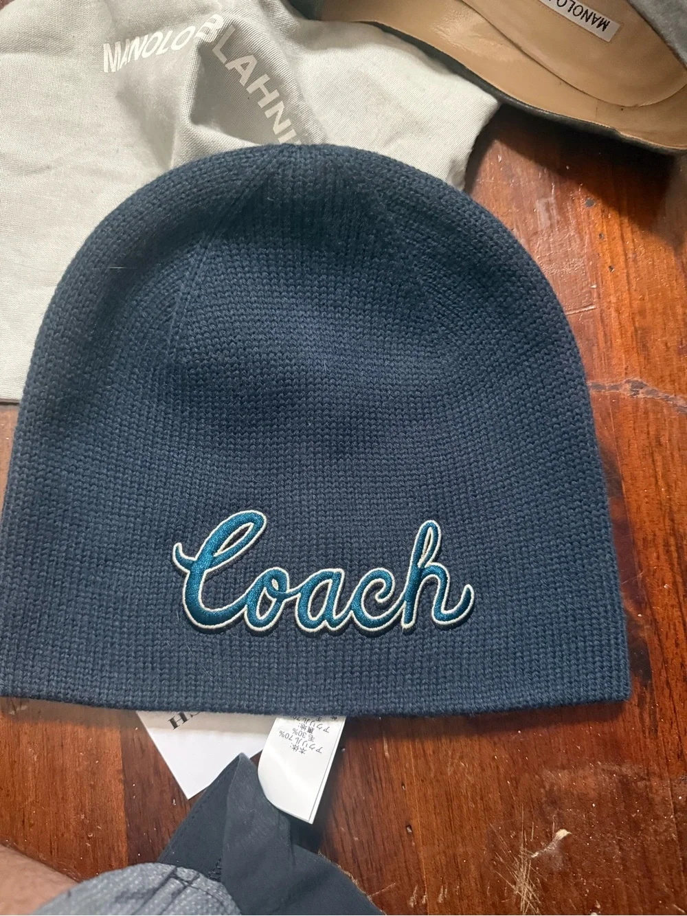 Coach Navy Blue Knit Beanie with Teal Script Logo